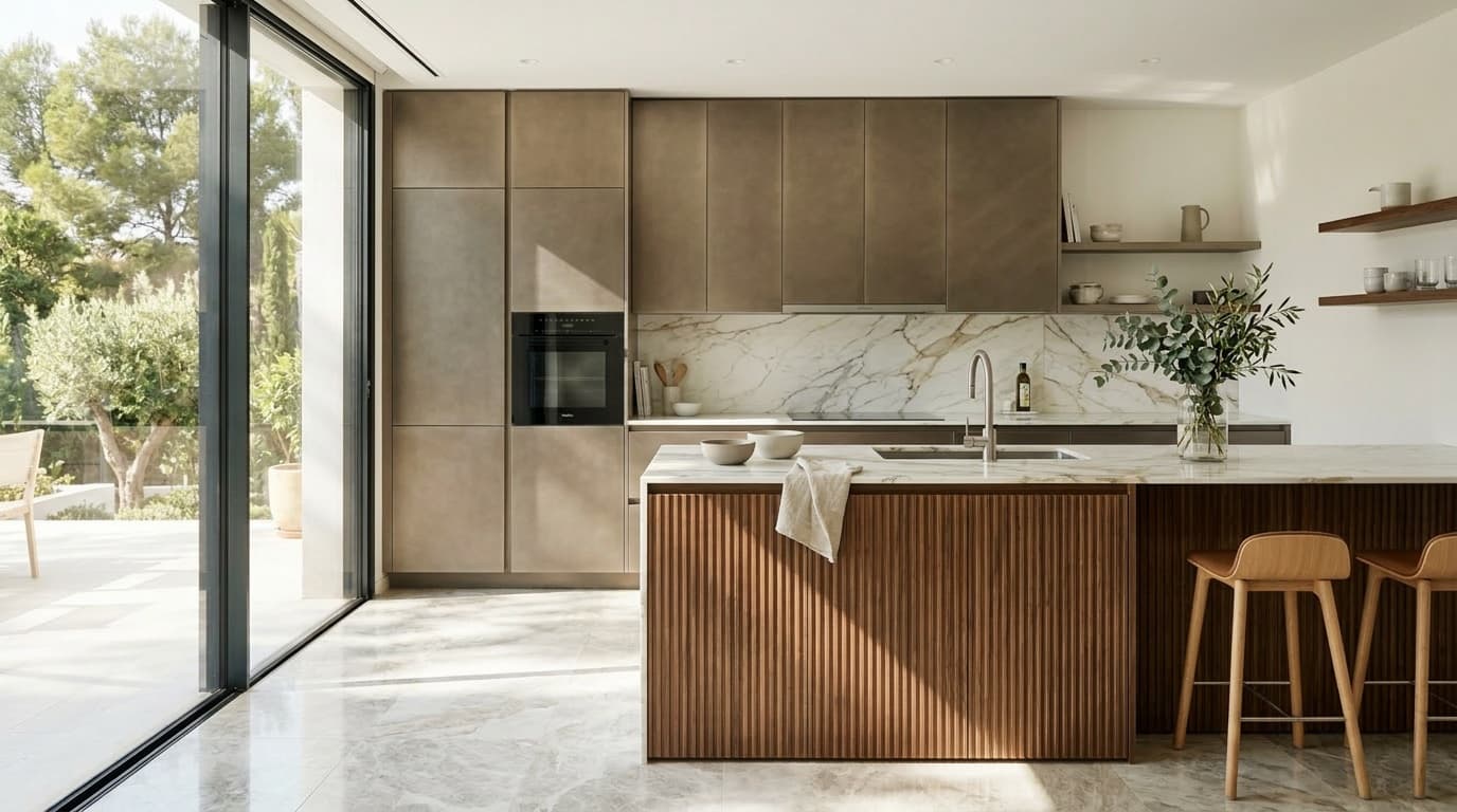 Custom handleless kitchen by SET Form — bronze-tone cabinetry, fluted walnut island, and marble backsplash opening to a sunlit terrace